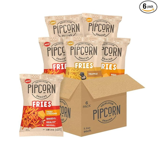 Heirloom Snack Fries Variety Pack by Pipcorn - 5oz 6pk - with Truffle, Cheddar, and Fiery Cheddar Flavors, Healthy Snacks, Gluten Free Snacks, Snack Variety Packs, Heirloom Corn Flour