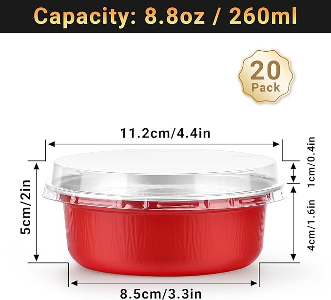 Beasea Ramekins with Lids, 20 Pack 8.8oz 260ml Disposable Aluminum Cups for Baking 4 Inch Small Round Aluminum Foil Cupcake Pudding Baking Cups for Party - Red