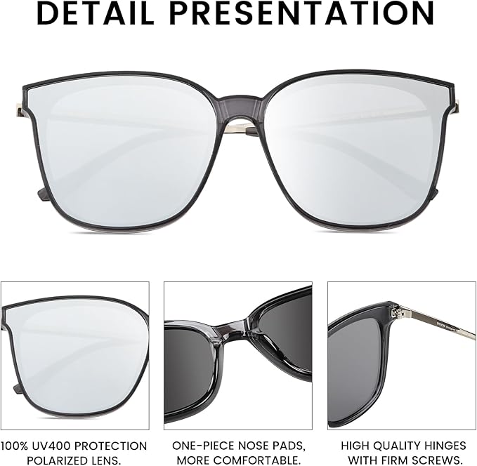 DUCO Oversized Polarized Sunglasses Womens Trendy Mirrored Shades Retro Round Vintage Light Weight UV400 Sun Glasses W016