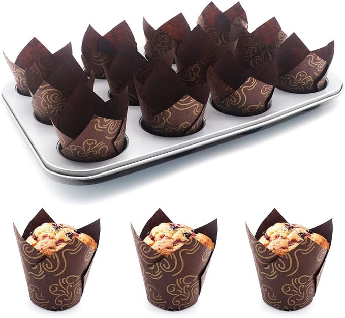 150pcs Tulip Cupcake Liners Baking Cups Muffin Liner Grease-Proof Paper Cupcake Wrappers for Wedding, Birthday Party, Standard Size (Golden Printed, Brown)