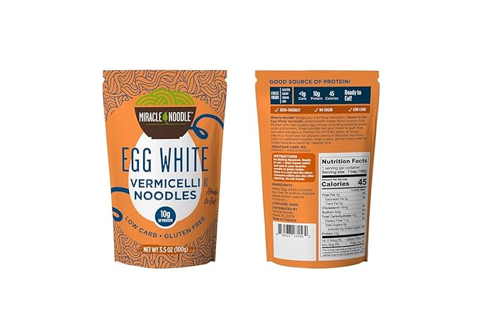 Miracle Noodle Egg White Vermicelli Pasta, 3.5 Oz (Pack of 6), Ready to Eat Egg White Noodles, 10g Protein, 45 Calories, 1g Net Carbs Per Serving, High Protein, Keto, Gluten-Free