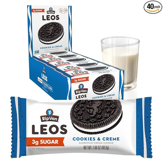 Rip Van LEOs - Cookies and Cream Sandwich Cookies - Low Sugar Snack Cookies - Low Carb Snack - Diabetic Snacks - 40 Low Sugar Cookies (10 Packs of 1.69oz)