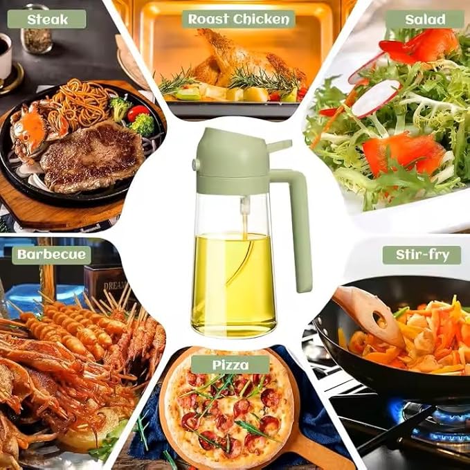 Oil Sprayer for Cooking 2 in 1, 470ml/16oz, Oil Spray & Dispenser Glass Bottle, Food-grade material for Kitchen, Salad Dressing, Frying, Air Fryer & BBQ (Green&CreamyWht)
