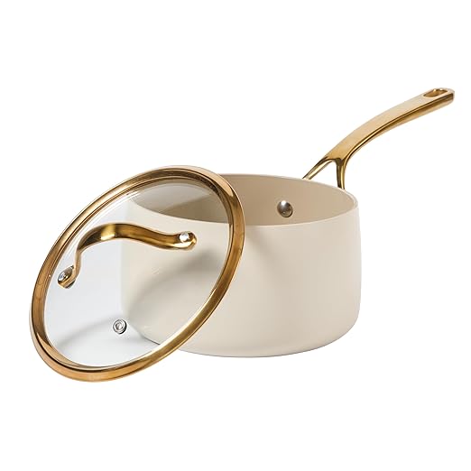 bloomhouse 3 Quart Heavy Duty Aluminum Premium PFA Free Ceramic Nonstick Saucepan with Lid - Almond Cream w/Gold Handle