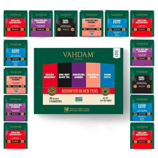 VAHDAM, Assorted Black Tea Bags Sampler (5 Flavors, 20 Ecofriendly Pyramid Tea bags) I Gift Ideas for Women & Men | Assam and Darjeeling Teas | Gluten Free & Non GMO | Gifts for Him/Her