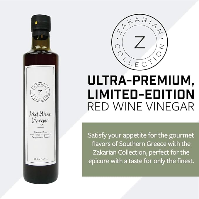 Zakarian: Red Wine Vinegar - Made from Organic Greek Red Grapes - 500 ml - Intense, Refined Flavor - Rich in Antioxidants - Best Served with Extra Virgin Olive Oil on Salads, Seafood and More