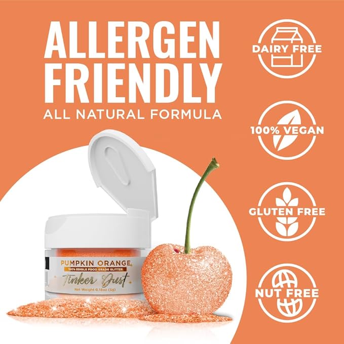 Bakell - Pumpkin Orange Tinker Dust (5g, 1x Jar) Edible Glitter for Food, Desserts, and Beverages!
