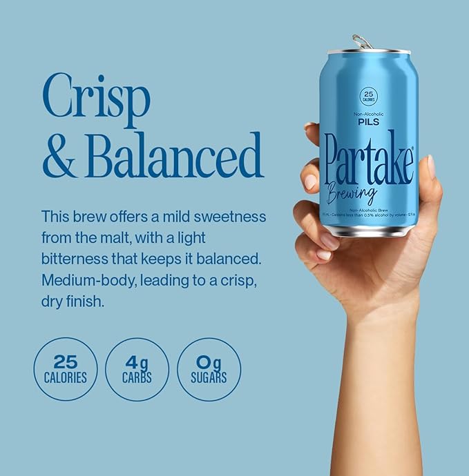 Partake Brewing Craft Non Alcoholic Beer Pilsner 24 Pack x 12 Fl Oz Cans - Low Calorie & Carb, No Sugar, All Natural Ingredients - Award-Winning Taste, Non Alcoholic Beer Without the Empty Calories