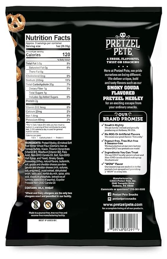 Pretzel Pete Smoky Gouda Pretzel Medley Seasoned Pretzel Medley, Nut-Free and Sesame-Free Snack, Small Batch, Bold Flavor (9.5oz, Pack of 3)