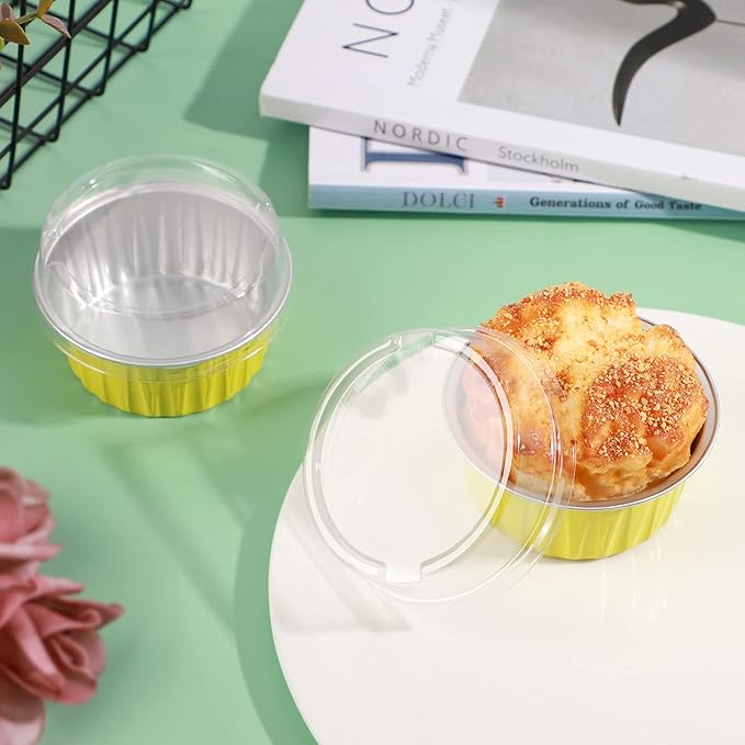 EUSOAR Aluminum Ramekins with Lids, 50pcs 5oz Aluminum Foil Baking Cups, Disposable Foil Ramekins Muffin Liners, Aluminum Foil Dessert Containers Cupcake Holders Pans with Lids Yellow