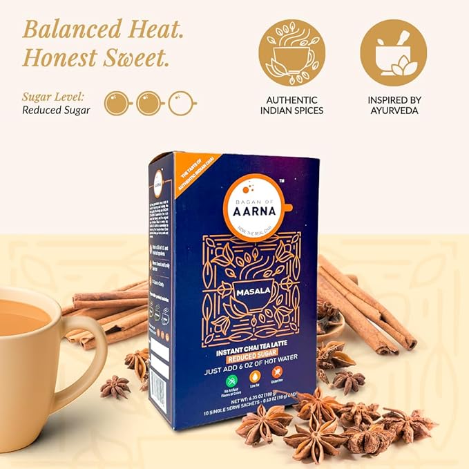Bagan of Aarna Instant Masala Chai, Tea Powder Mix, Spiced Tea, All Natural Chai Tea, Authentic Chai Mix, Masala Spiced Chai Powder With Natural Flavour, Makes 10 Cups (Masala Low Sugar)