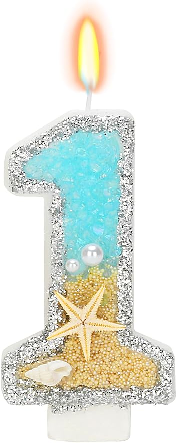 1st Birthday Candle for Cake, Beach Starfish Sequins Candles, 2.76 inch Cake Topper Decoration for Birthday Party (Number 1)