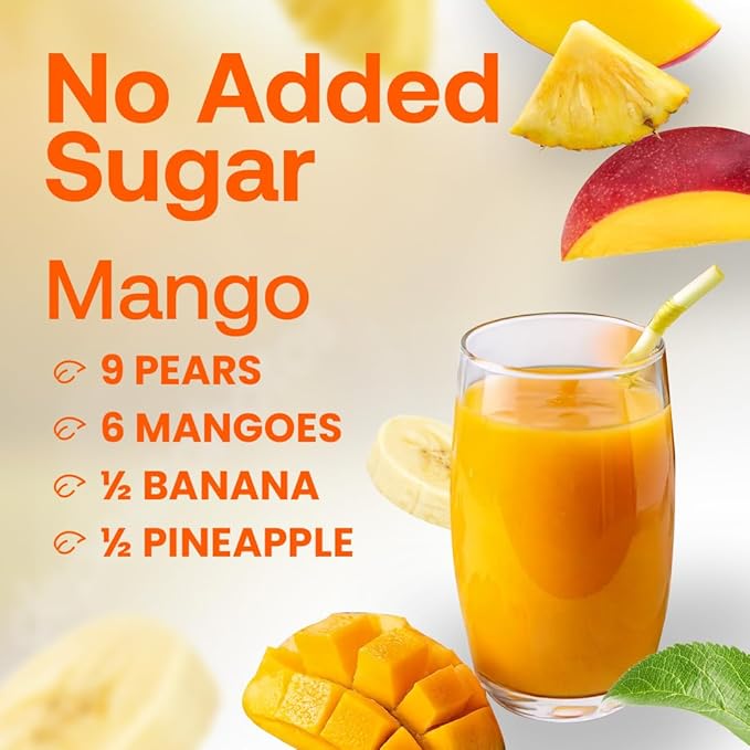 Dr. Smoothie 100% Crushed Mango ??No Added Sugar, Made with Real Fruits/Fruit Juice ??Vegan, No Artificial Colors or Flavors ??Sweet Mango with a Hint of Pineapple & Banana ??46 oz Bottle