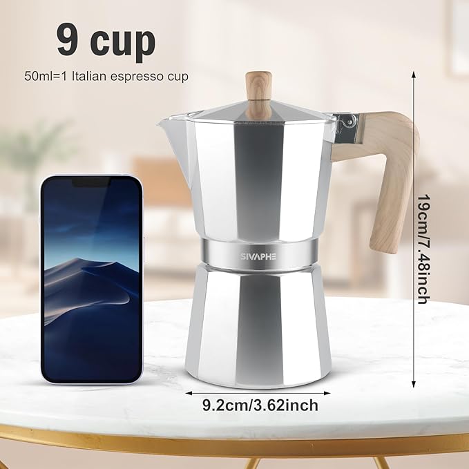 Sivaphe Aluminum Moka Pot 9 Espresso Cups, Percolator Espresso and Coffee Maker, Portable Stove top Italian and Cuban Cafì±?Brewer for Home and Camping Sliver