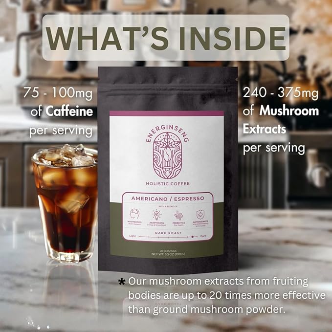 Energinseng Mushroom Coffee - Artisanal Instant Americano Espresso with Nootropics, Adaptogens, Prebiotics, and Antioxidants - 3.5oz (100g)
