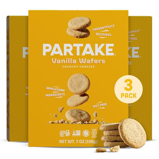 Partake Gluten Free Vanilla Wafers Cookies - Vegan - Free From the Top 9 Allergens Including Dairy, Wheat, Soy, Eggs, & Peanuts - Non GMO - Safe School & Office Snack (3 Pack, 7oz Boxes)