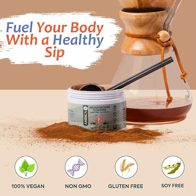 Ambica Organic Instant Mushroom Coffee Blend- Advanced Ten Mushrooms Coffee Mix for Brain Health, Weight Support, Immunity, Energy & Gut Health- Natural Coffee Alternative - 24 Servings - 4.23 Ounce