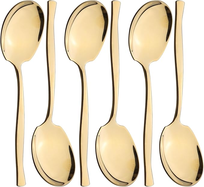 Xyskin Gold Serving Spoons Set of 6, 8.3 Inch Stainless Steel Large Dinner Buffet Catering Banquet Serving Spoons, Mirror Finish