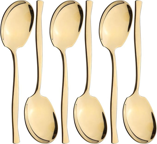 Xyskin Gold Serving Spoons Set of 6, 8.3 Inch Stainless Steel Large Dinner Buffet Catering Banquet Serving Spoons, Mirror Finish