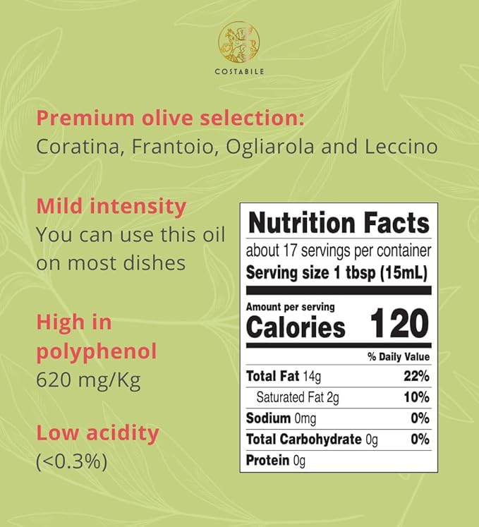 Basil Olive Oil Organic from Puglia, Italy. Basil Infused Extra Virgin Olive Oil from a single source. Perfect for Salad Dressing - COSTABILE 8.45 Fl. Oz.