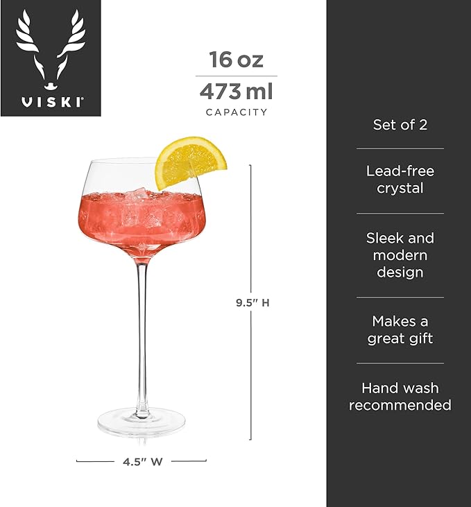 Viski Angled Stemmed Cocktail Glasses for Aperol Spritz, Campari Spritz, Tonic, Classic Cocktails, Elegant Long Stem Crystal Drinking Glasses, Perfect for Party Events & Celebrations, 16 oz, Set of 2