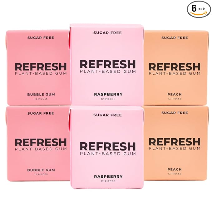 Refresh Gum, Xylitol, Natural, Sugar Free, Long Lasting Chewing Gum, Plastic Free, Natural Flavors & Organic Ingredients, Non GMO, Gluten Free, Vegan, 12 Count (Pack of 6), Fruit Variety Pack