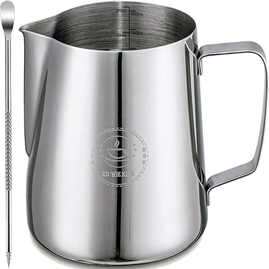 Milk Frothing Pitcher 20oz,Espresso Steaming Pitchers 600ml,Espresso Machine Accessories,Milk Frother cup 20 Oz, Coffee Cappuccino Latte Art,Stainless Steel Jug Cup with Decorating Art Pen