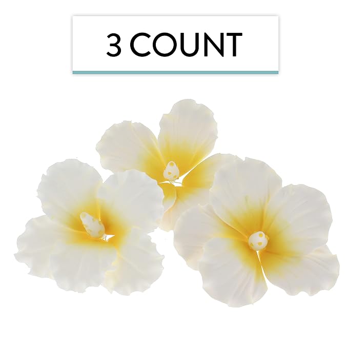 Global Sugar Art Hibiscus Sugar Cake Flowers, White with Yellow, Hawaiian Cake Flower Large 3 Count by Chef Alan Tetreault