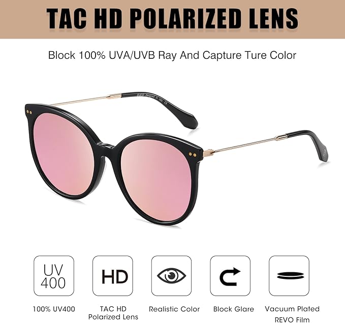 DUCO Oversized Polarized Sunglasses Womens Trendy Mirrored Shades Retro Round Vintage Light Weight UV400 Sun Glasses W016