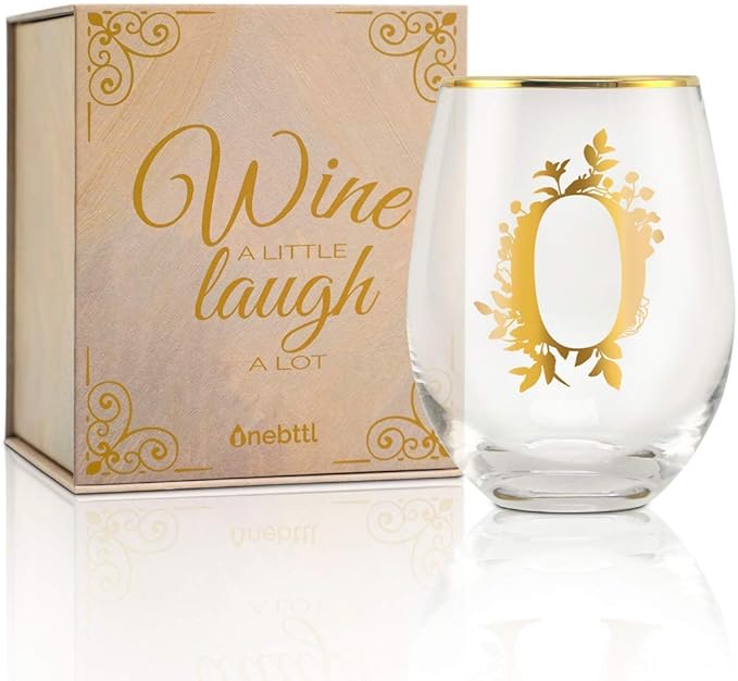 Onebttl Unique Stemless Wine Glasses, Initial Wine Cup for Red or White Wine - 18oz, Monogrammed, Gold - for Women, Girls, Female, Her, Friends, Coworkers, Clients - for Birthday, Christmas
