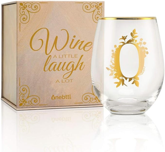 Onebttl Unique Stemless Wine Glasses, Initial Wine Cup for Red or White Wine - 18oz, Monogrammed, Gold - for Women, Girls, Female, Her, Friends, Coworkers, Clients - for Birthday, Christmas