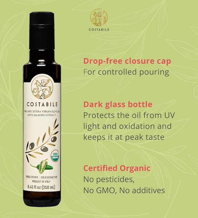Jalapeño Olive Oil. Spicy, Flavorful, Hot Extra Virgin Olive Oil Infused with Organic Jalapeño. Ideal hot dressing for Pizza, Cooking & Popcorn - COSTABILE 8.45 Fl. OZ.