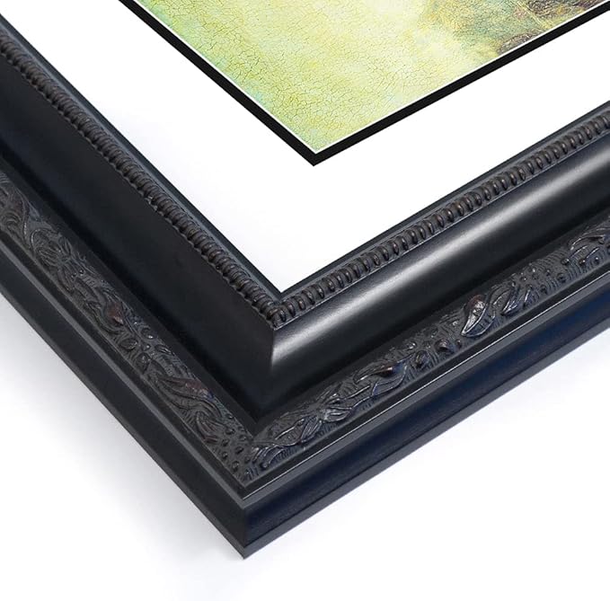 ArtDirect Custom Black Ornate Wood Picture Frame with Double Matting Fits 3x28 Image with Double Matting or 7x32 Image Without Double Matting - 11x36 Overall Framed Size with Two Inch Wide Frame