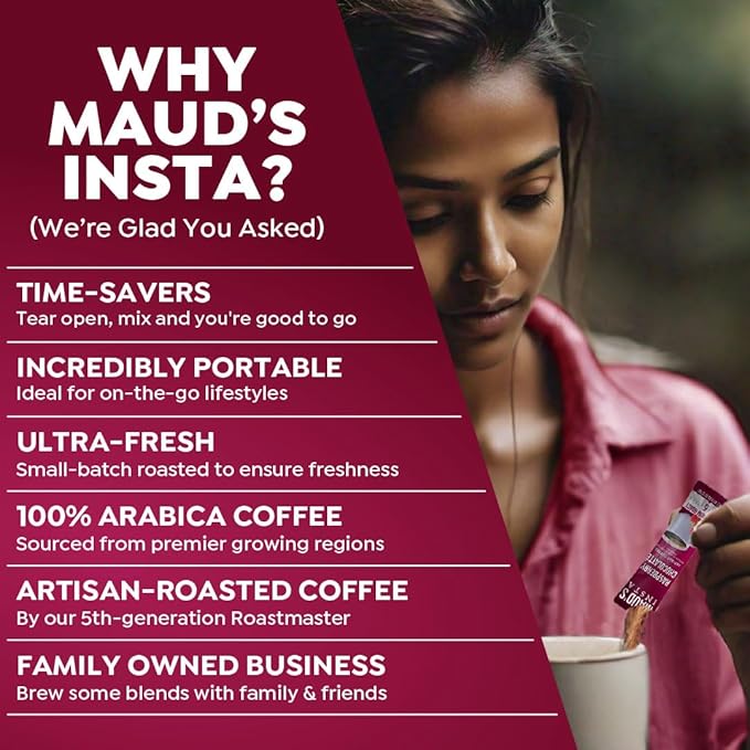 Maud's Raspberry Chocolate Flavored Instant Coffee, 26 ct, 100% Arabica Coffee, Medium Roast, Instant Hot or Iced Coffee - Just add water