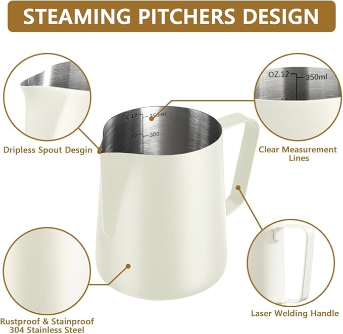 Frothing Milk Pitcher, 12 oz/350 ml Stainless Steel Frothing Milk Jug with Latte Art Pen,with Internal Measurements, for Cappuccino, Espresso and More竊늳hiteç«?,<div>
