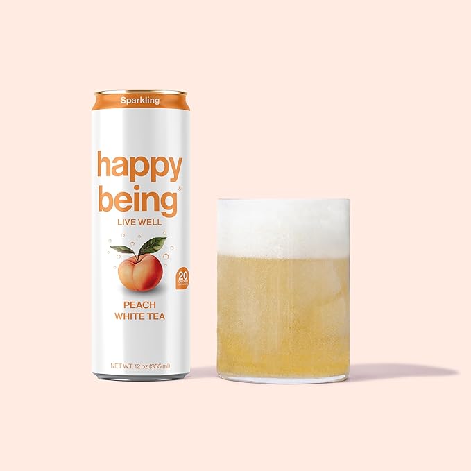 Happy Being Sparkling Nutrient-Rich Peach Rose White Tea – Infused with Turmeric, Elderberry, Vitamin D3, Caffeine Free, Plant-Based, Low Calorie & Low Sugar Drinks, 12oz (16 Pack)