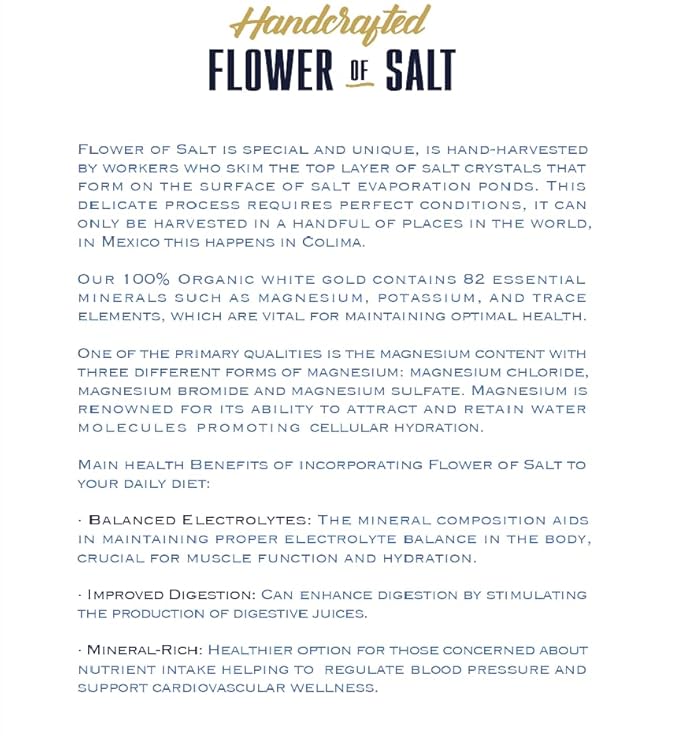 Organic Flower of Salt | Pure & Authentic Colima Salt | Medium Grain | 82+Minerals | No Additives | Great for Cooking, Baking & Finishing dishes.