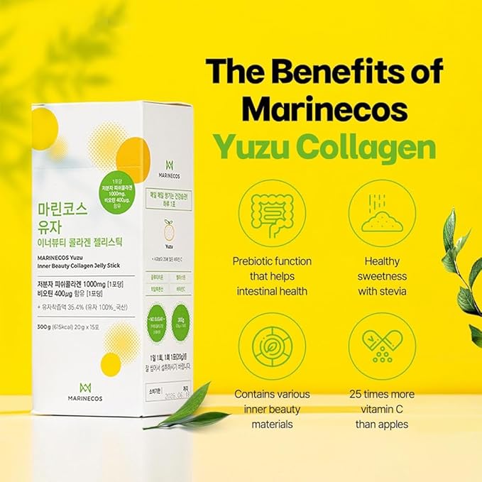 Yuzu Collagen Jelly Stick ??Korean Citrus Beauty Supplement ??Marine Collagen Peptide 3000mg ??Skin Vitality & Hydration ??No Sugar Added ??Portable Stick Type