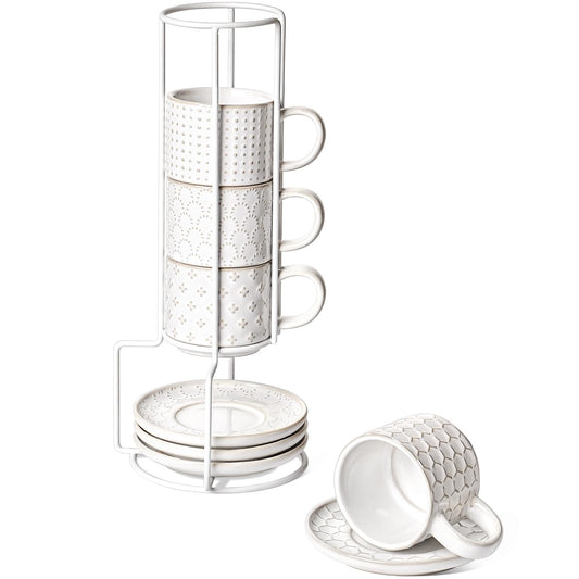 LE TAUCI 4 oz Stackable Espresso Cups with Saucers and Stand, Set of 4, Ceramic Coffee Cup Set for