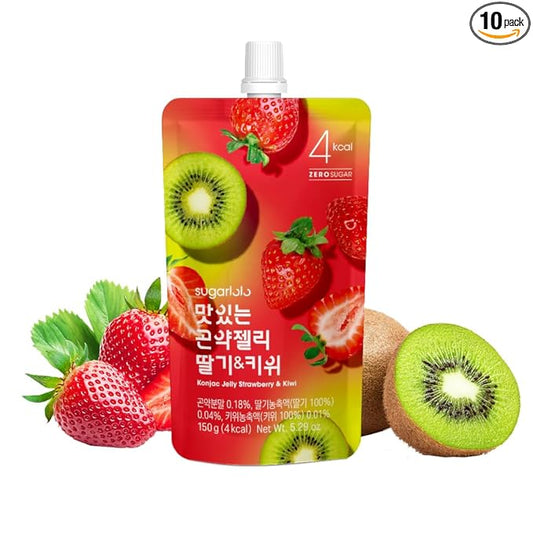 Sugarlolo Konjac Sweet Strawberry & Kiwi Jelly Snack - Vegan Jello with Zero Sugar | Only 4 Calories per Pouch | Low Calorie Korean Snacks | 5.29 Oz (150g) | 10 Pack