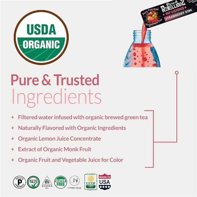 Rebellious Strawberry Kiwi Organic Drink Mix ??Organic 0 Calorie Energy Drink Mix | Monk Fruit & Green Tea Extract | L-Theanine + Natural Caffeine | 100% Plant-Based | 10 Packs | Keto, Gluten-Free