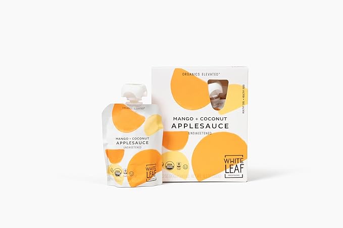 White Leaf Provisions Organic Mango & Coconut Applesauce ??Regeneratively Farmed, No Added Sugar, Kosher, USDA, GMO & BPA free 3.2oz Pouches (Pack of 24)