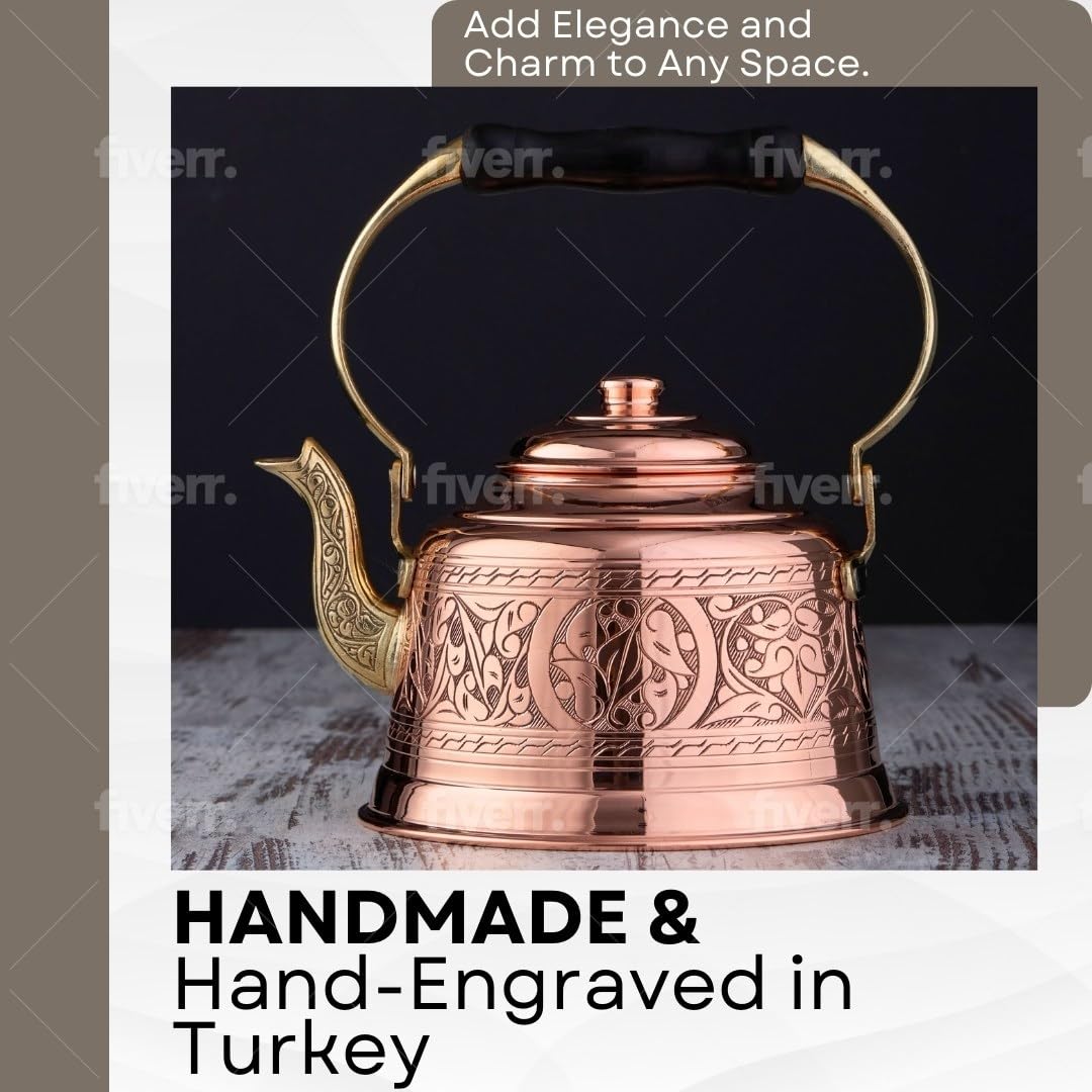 DEMMEX Heavy Gauge 1mm Thick Engraved Solid Copper Tea Pot Kettle Stovetop Teapot, Handmade