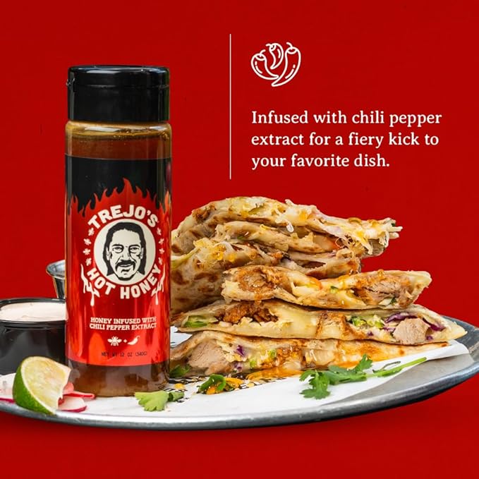 Trejo's Tacos Hot Honey | Sweet and Spicy Honey Hot Sauce | Infused with Chili Pepper Extract | Great for Topping or Dipping Sauce for Oatmeal, Ice-Cream, Fried Chicken & Bbq - Pure and Gluten Free | Authentic Creation by Trejo's Tacos - Pack of 1