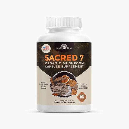 Naturealm Sacred 7 Organic Mushroom Extract Capsules - Premium 7 Mushroom Supplement with Lions