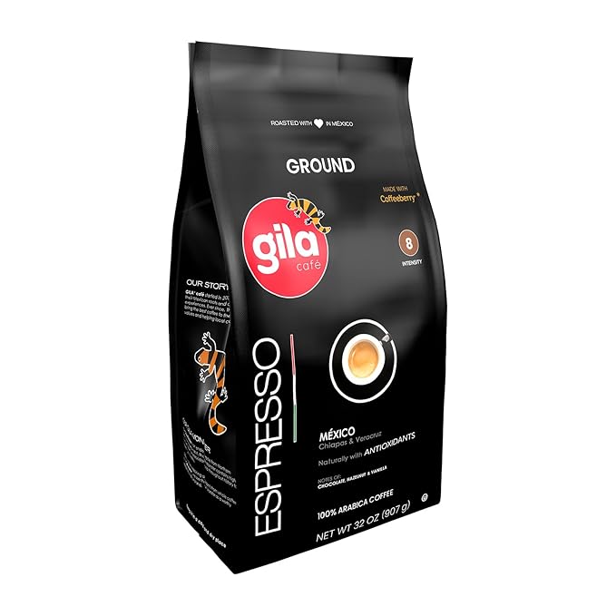 gila café Ground Coffee Medium Roast Espresso 32oz (1-Pack) - 100% Mexican Arabica Bean Coffee Grounds - Made with Coffeeberry - Chocolate, Hazelnut, Vanilla Notes