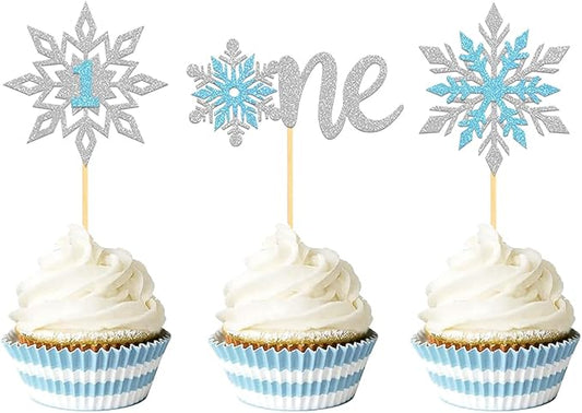 24PCS Glitter Snowflake Cupcake Toppers, Frozen One Cake Topper for Winter 1st Birthday Decorations, Baby Shower Decorations