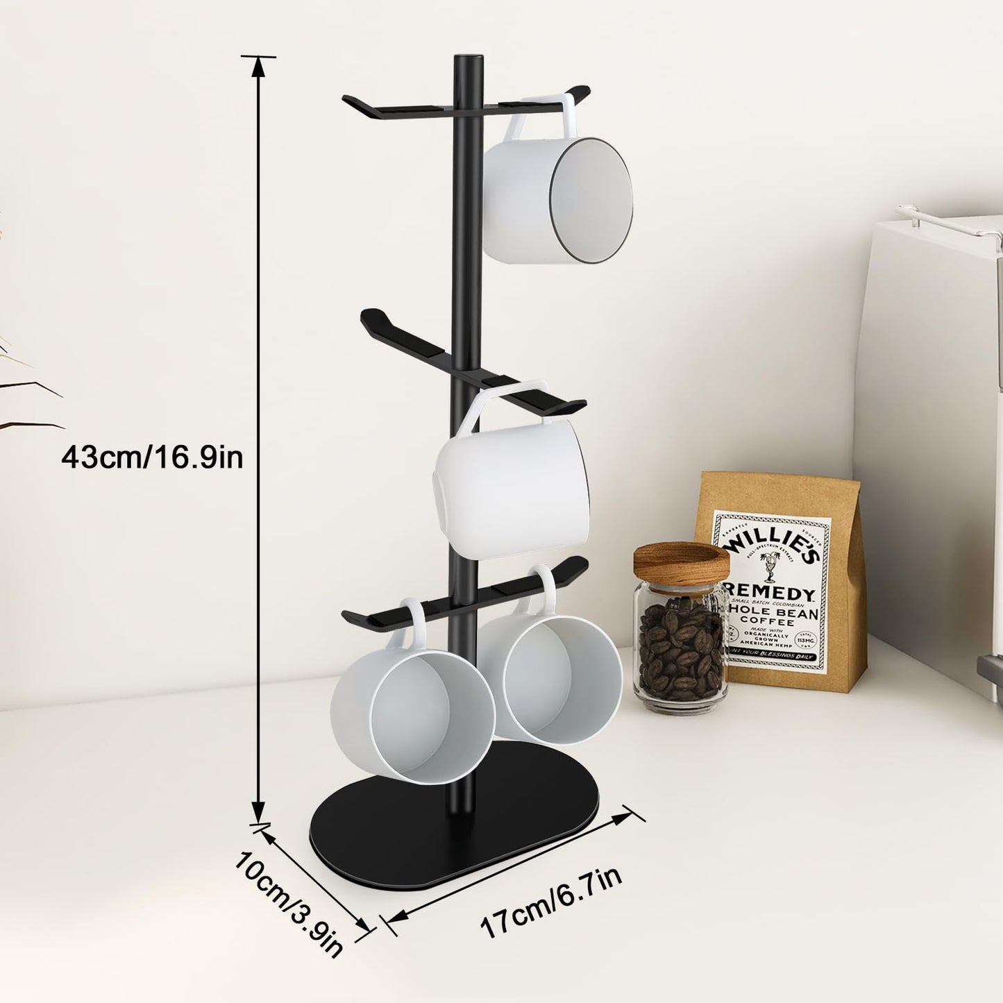 XEENEW Cup Holder Tree with 6 Hooks, Metal Coffee Mug Rack Stand (Black)