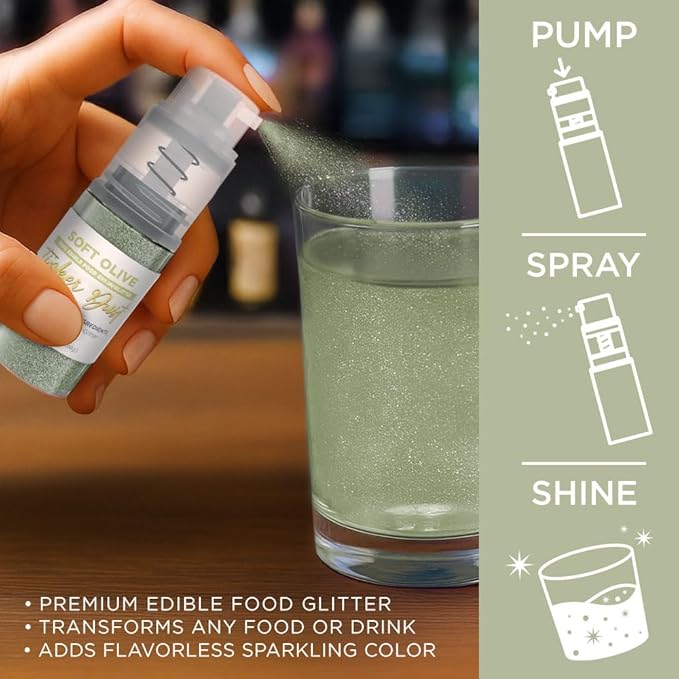 Bakell - Soft Olive Tinker Dust (4g, 1x Mini Spray Pump) Edible Glitter for Food, Desserts, and Beverages!