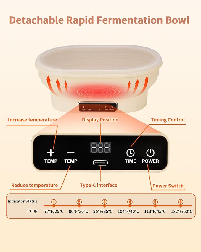 2L Heating Bread Proofing Basket Set Foldable Thermostatic Silicone Bowl with 77-122??6 Gears Temperature & 6H Timer, for Artisan Baking Sourdough Starter Bread Making Supplies Tools Kit